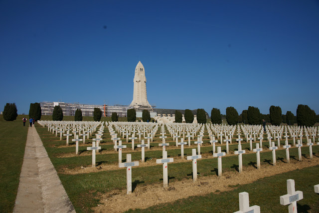 The Douaumont Ossuary at the head of the French military cemetery. The bottom of the ossuary is filled with the remains of the unidentified bodies on the battlefield. One of the bodies was transported to Paris and lies under the Arc de Triomphe at the Tomb of the Unknown Soldier.