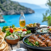 Delicious greek kebab, pita bread, tzatziki and salad enjoying a beautiful seascape